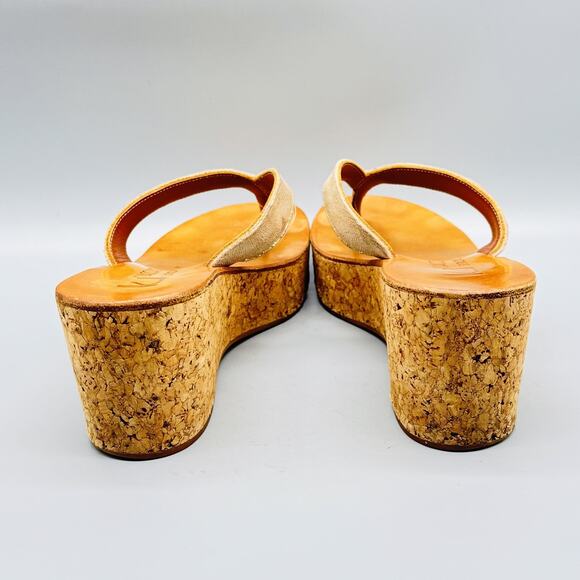 K Jacques St Tropez Sandals Womens 8 Gold Leather Wedge Platform Cork Thong Shoe - Picture 7 of 12